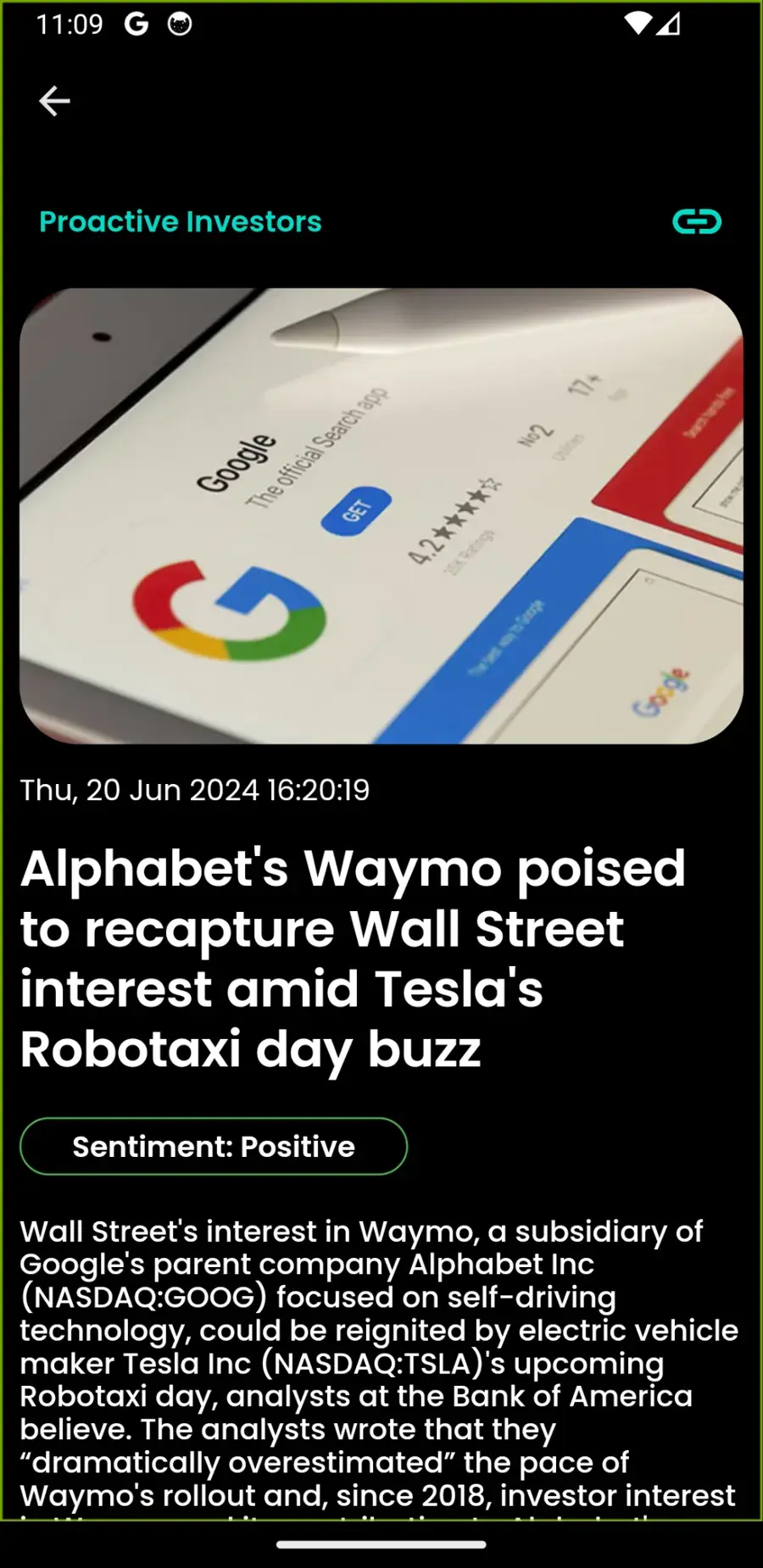 Screenshot of an early news article screen.