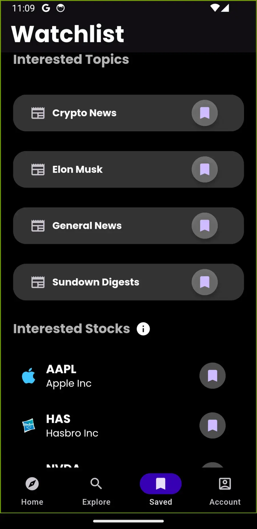 Screenshot of the expanded watchlist with stocks and news topics.