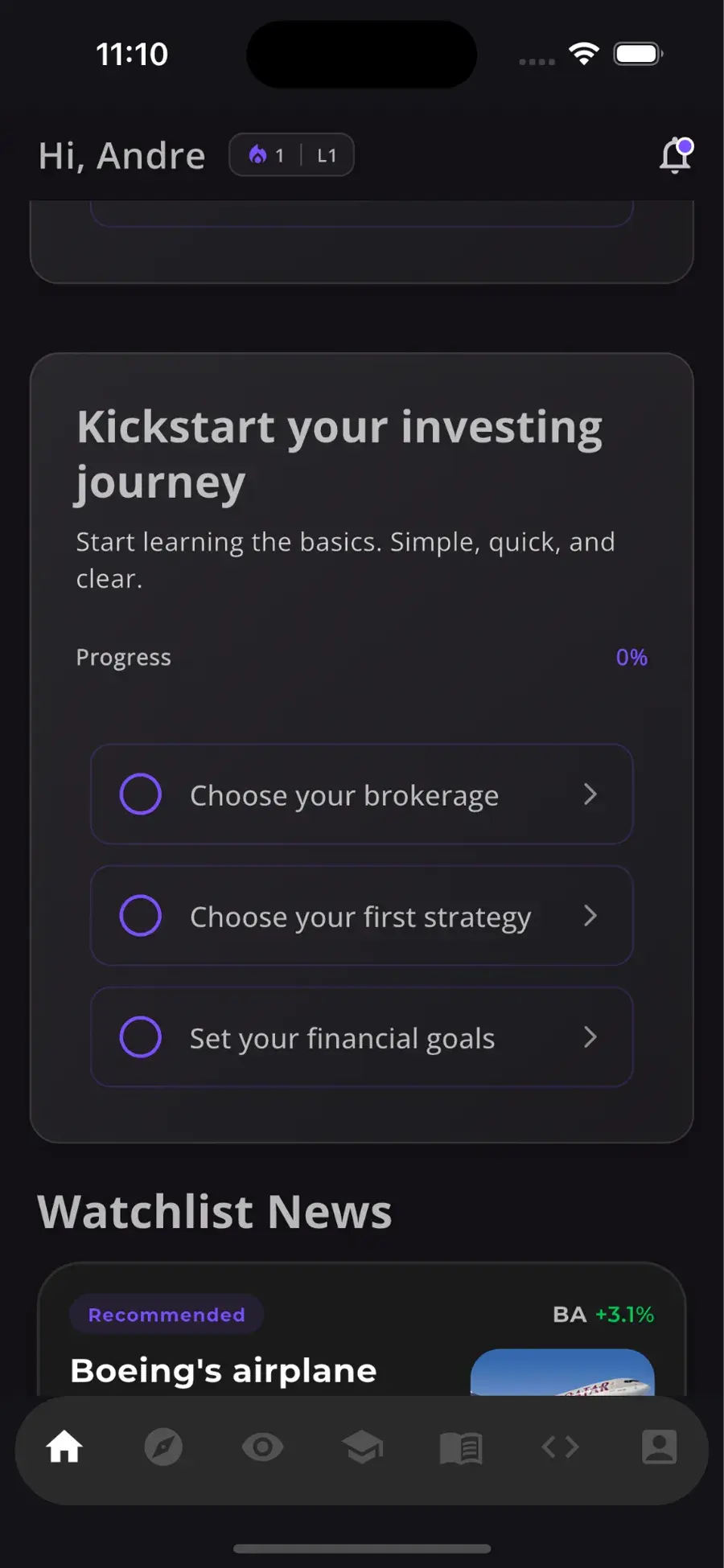 Screenshot of gamified onboarding steps.