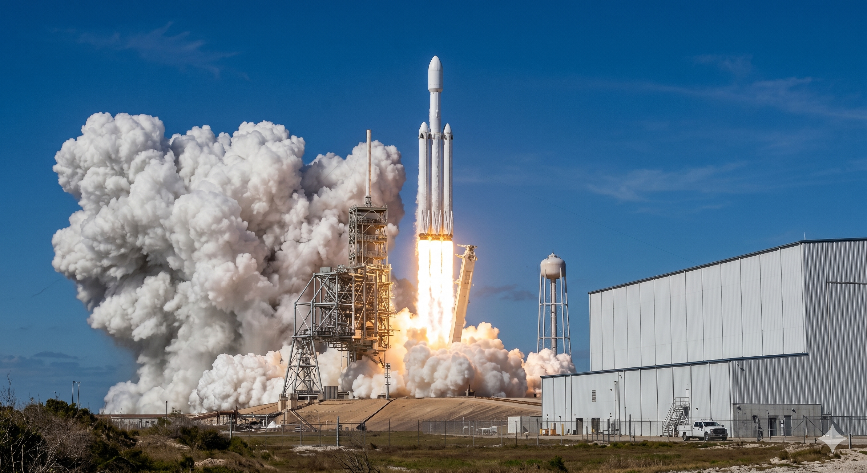 Illustration of a Falcon Heavy rocket lifting off from a coastal launch pad.