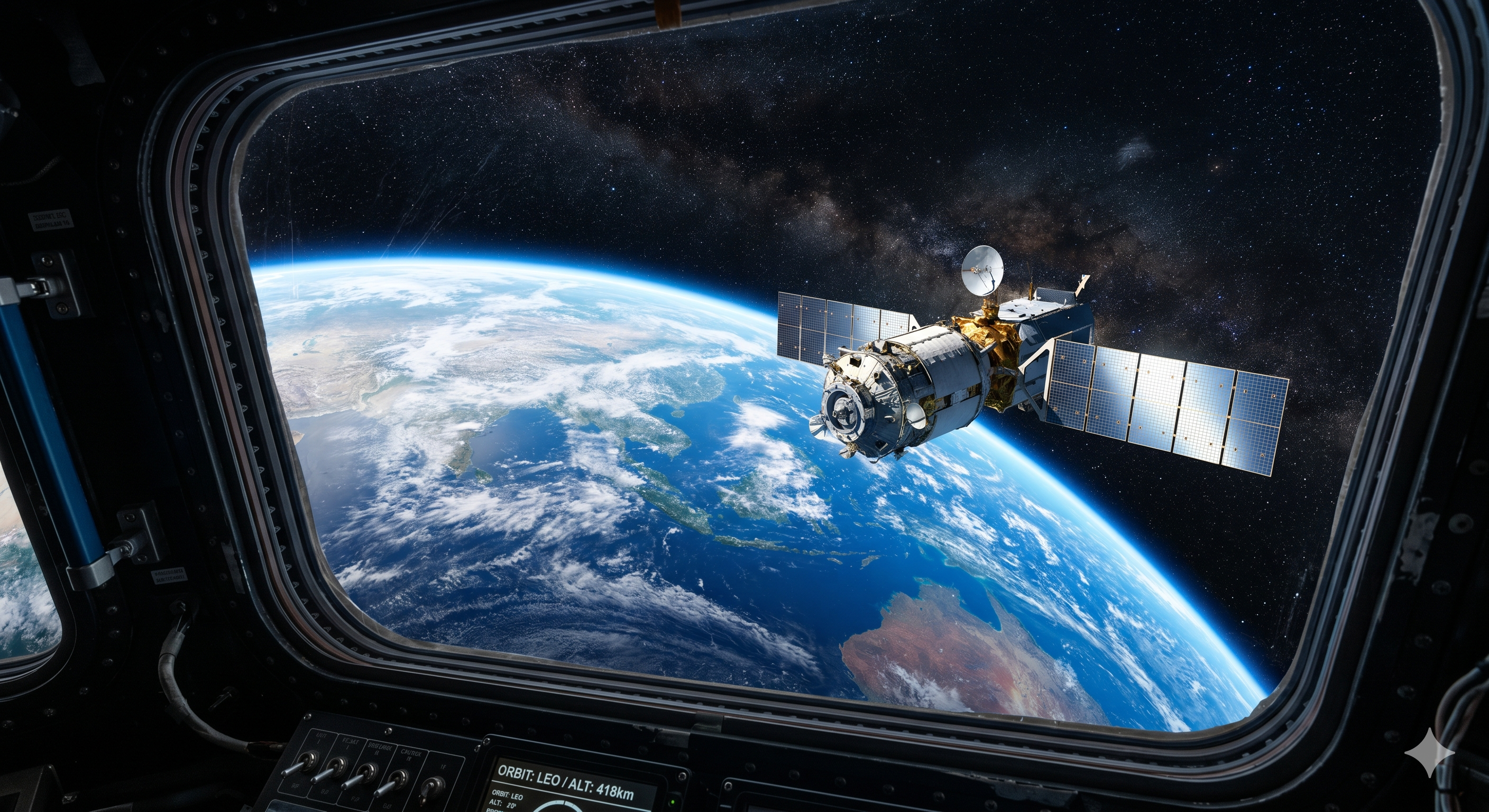 A satellite orbiting Earth, seen through a spacecraft window with the planet and stars in the background.